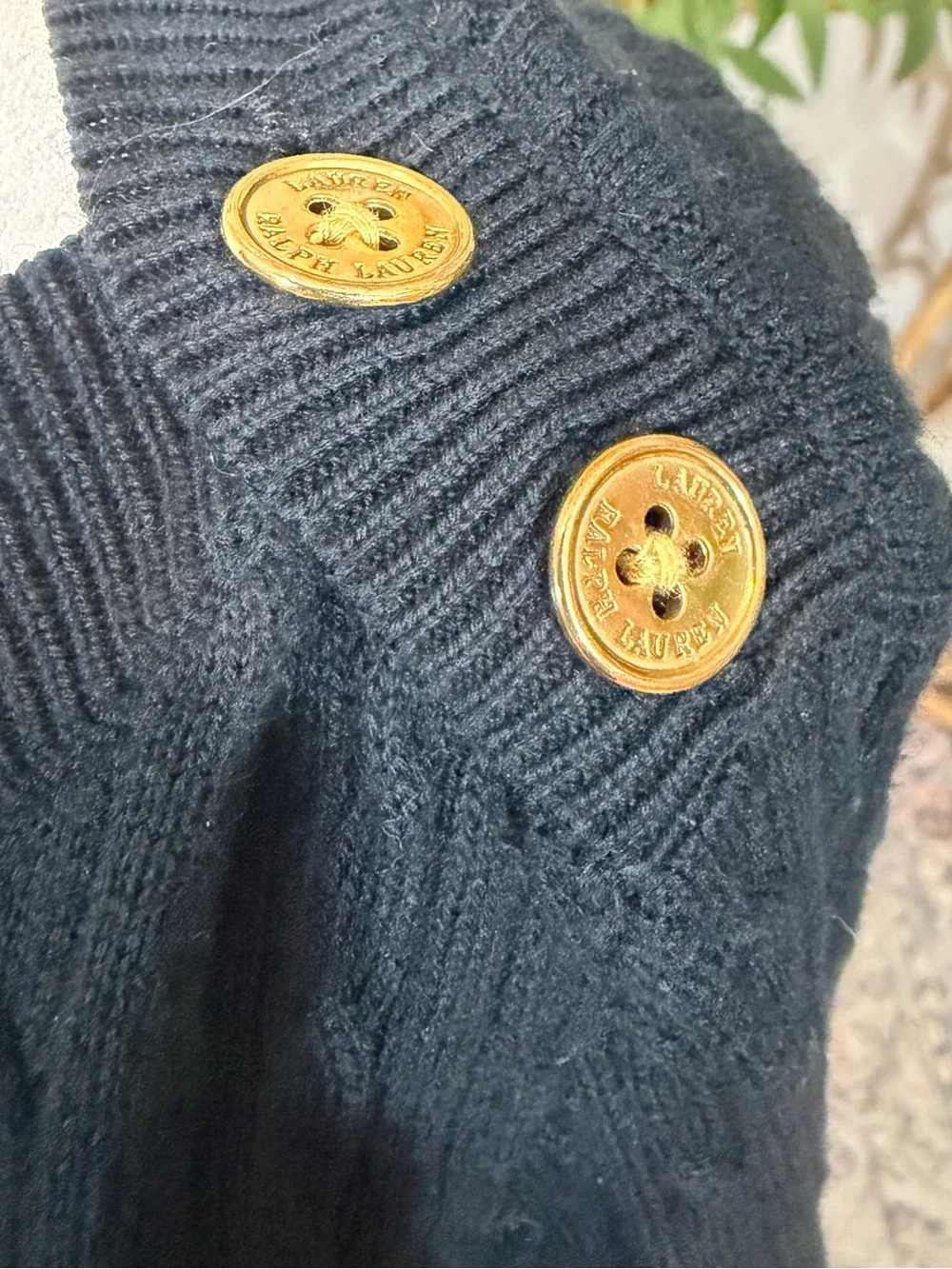 Lauren Ralph Lauren Black Cable Knit Gold Button Shoulder Sweater Cotton M Fall